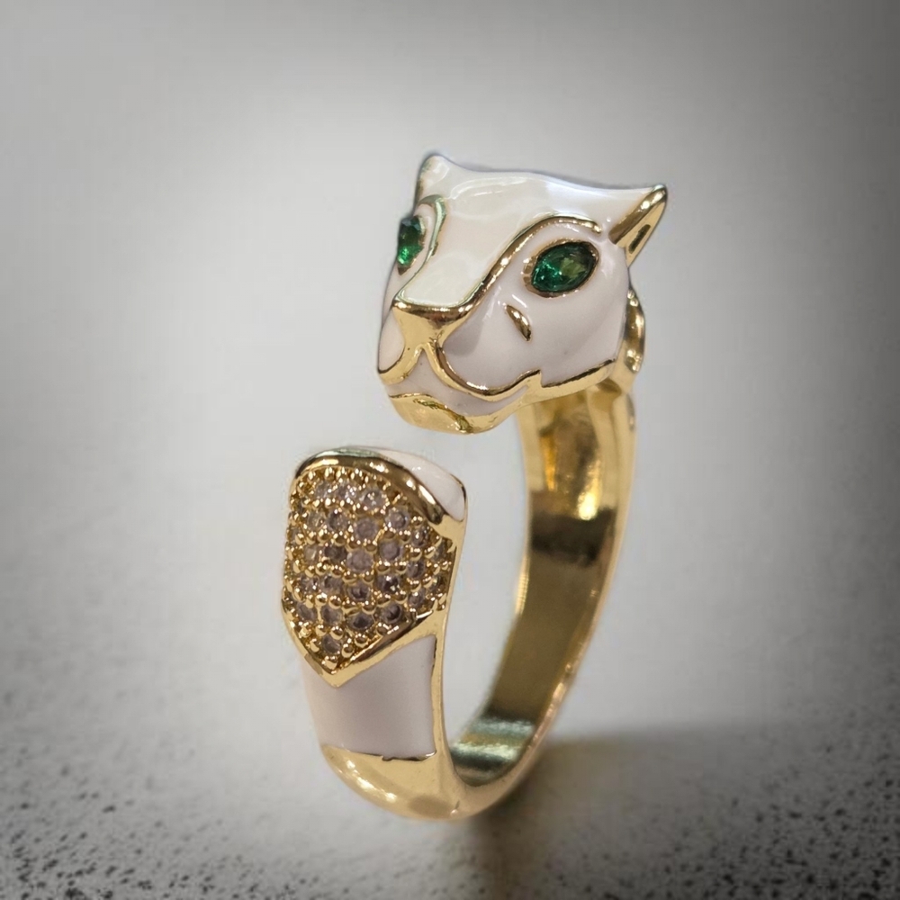 18k Gold Plated White Enamel Panther Zircon Crystal Emerald Eyes Ring